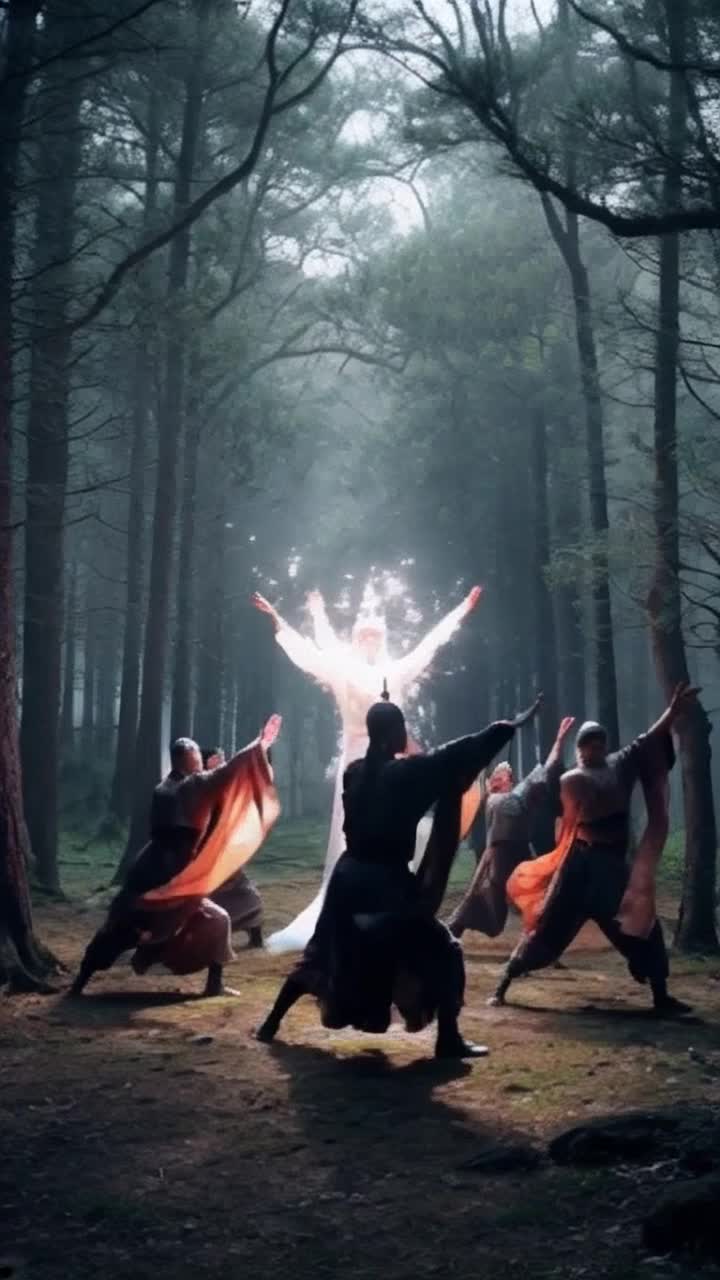 Warriors in flowing robes perform powerful strikes and fluid movements creating a harmonious display Ascended master radiates an ethereal glow commanding attention illuminating the entire scene with intense dreamlike energy Serene forest backdrop filled with misty trees soft light filtering through branches tranquil atmosphere enhances captivating essence of the moment
