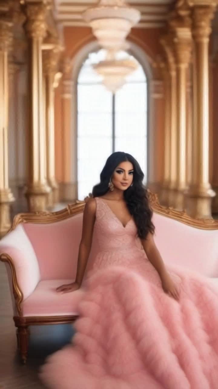 Graceful woman draped in flowing pink gown surrounded by delicate lace and silken accents Sitting poised on ornate pink antique sofa adorned with intricate carvings Soft golden light streaming through large windows illuminating pastelhued walls and lush greenery outside Elegance enveloping the scene as vintage decor enhances the romantic atmosphere