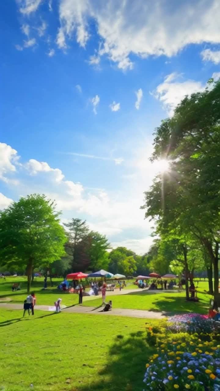 Shimmering sun casting golden rays over a lively park filled with children playing and laughing lush green trees swaying gently in the warm breeze colors of blooming flowers bursting vibrantly all around joyful people enjoying picnics under colorful blankets cheerful dogs frolicking nearby radiant blue sky dotted with fluffy white clouds inviting warmth filling the air with laughter and happiness