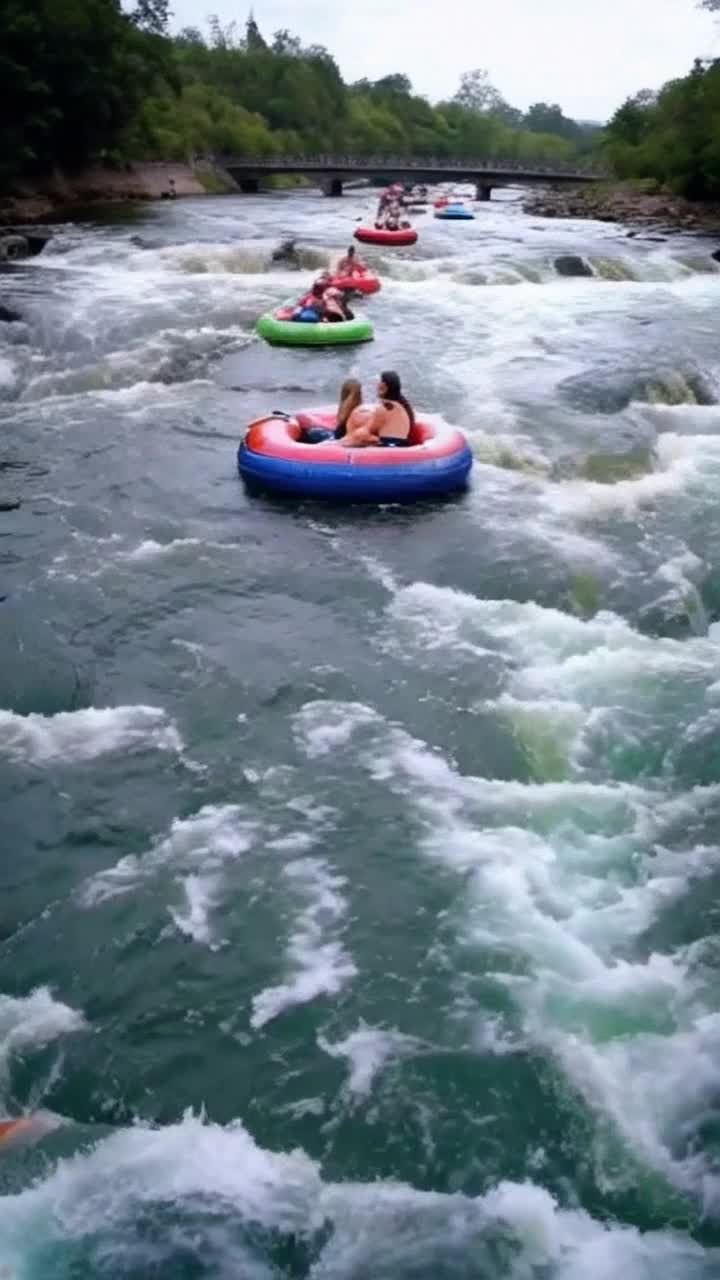a group of friends are happily riding a convoy of multicolored innertubes down a swift river of turbulent water
