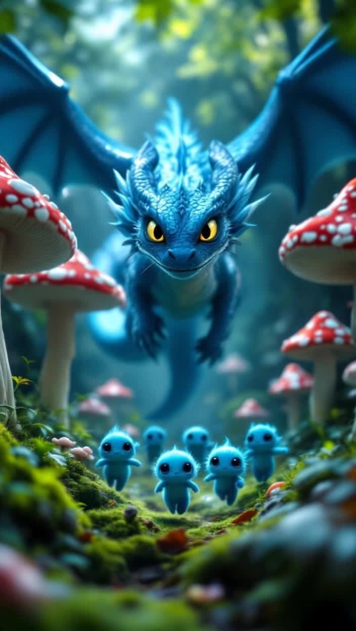 Little blue forest creatures in the mushroom kingdom getting chased by the majestic blue dragon  