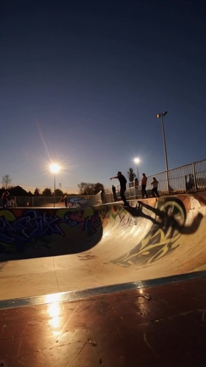 Skateboarder soaring high above a halfpipe executing gravity defying flips and spins adrenaline pulsing through veins wheels gliding with precision dusk settling in casting golden hues Spectators cheering with excitement shadows elongated under bright floodlights shimmering off smooth concrete ramps vibrant graffiti splashed across walls capturing the energy of the park