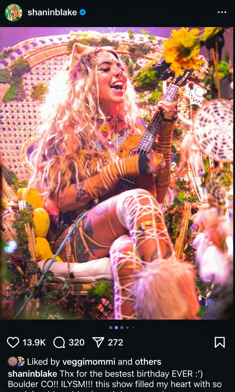Woman adorned in messy long blond dreadlocks oversized floppy green felt wizard hat costume of vibrant fake leaves shiny green fabric radiates joy strumming a small ukulele with an eartoear grin showcasing her septum piercing on stage enchanted by sparkling fairy lights Soft focus musicians serenade with flutes enveloped in ethereal mist floating icons of PayPal logos Subscribe Now buttons drift around her blending whimsical magic with subtle commercialism An immersive realm where mystical realism dances with vaporwave parody warm glow highlights oversized jewelry cartoonishly bright eyes inviting viewers into this captivating performance
