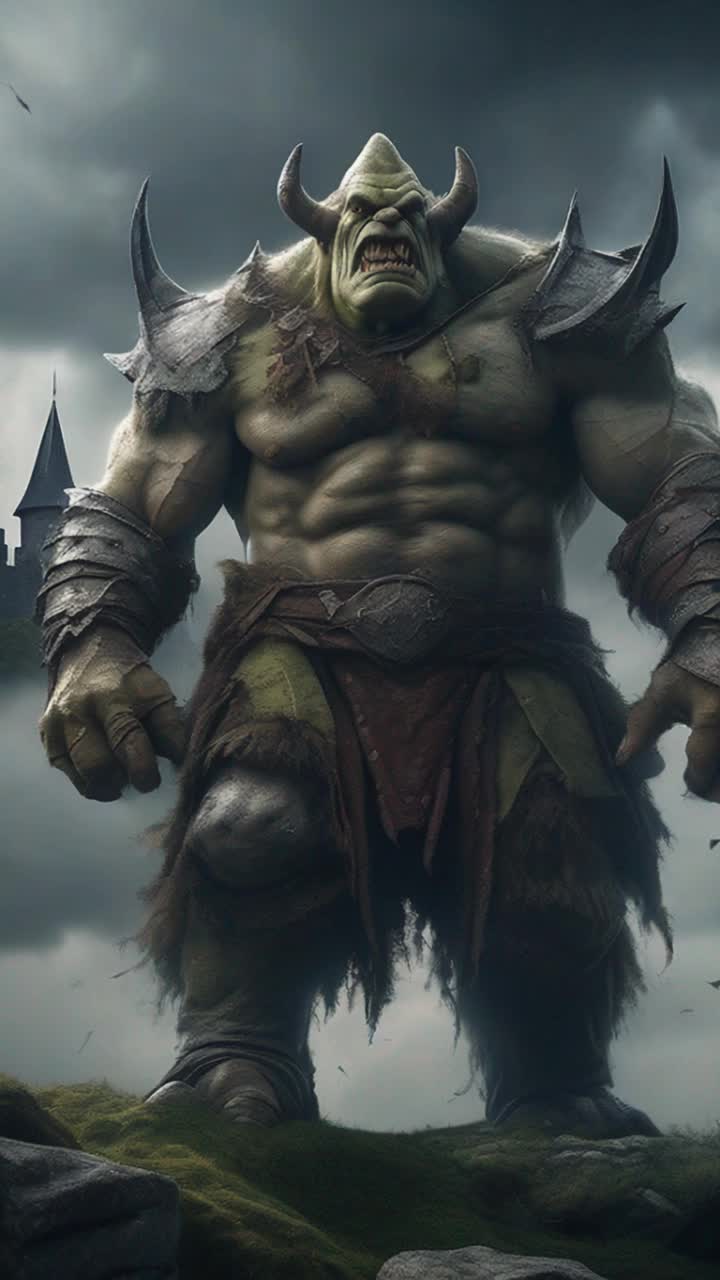 Colossal ogre  in tattered medieval garments towering over castle walls gazing down with a menacing grin as a gentle breeze lifts flags fluttering atop spires under a stormy sky dotted with dark clouds and distant lightning bolts illuminating the ancient stone structure surrounded by mystical woods shrouded in mist highlighting the tension between nature and beast