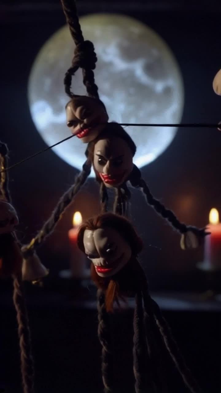 Menacing marionettes with sinister grins twist and sway Strings pulling tight with dark intent Moonlit stage shrouded in shadows surrounded by flickering candles casting eerie glows