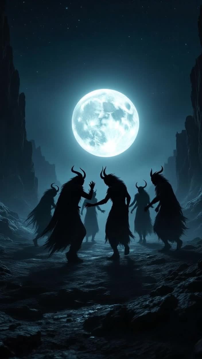 Silhouettes of horned devils dancing under a full moon