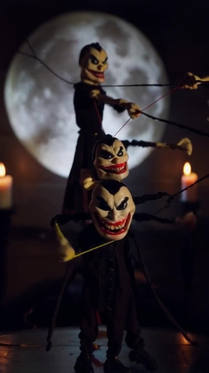 Menacing marionettes with sinister grins twist and sway Strings pulling tight with dark intent Moonlit stage shrouded in shadows surrounded by flickering candles casting eerie glows
