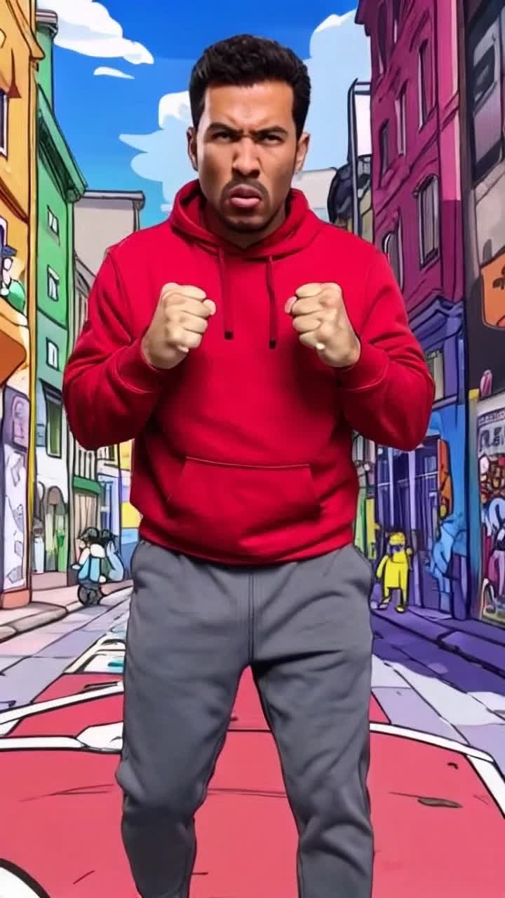 Dark brown skinned African American man in vibrant red sweatshirt vivid grey jogging pants standing fiercely on lively cartoon comic street ready to unleash intensity camera zooming in sharply then spanning out revealing bustling cityscape colorful buildings and vibrant graffiti showcasing dynamic energy filled with animated characters in the background