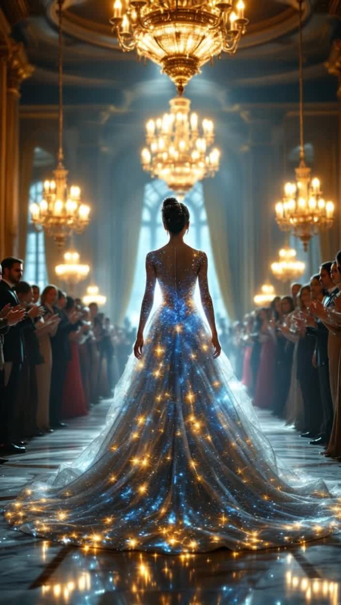 The ballroom clapping when the woman enters wearing a gorgeous gown made of glass