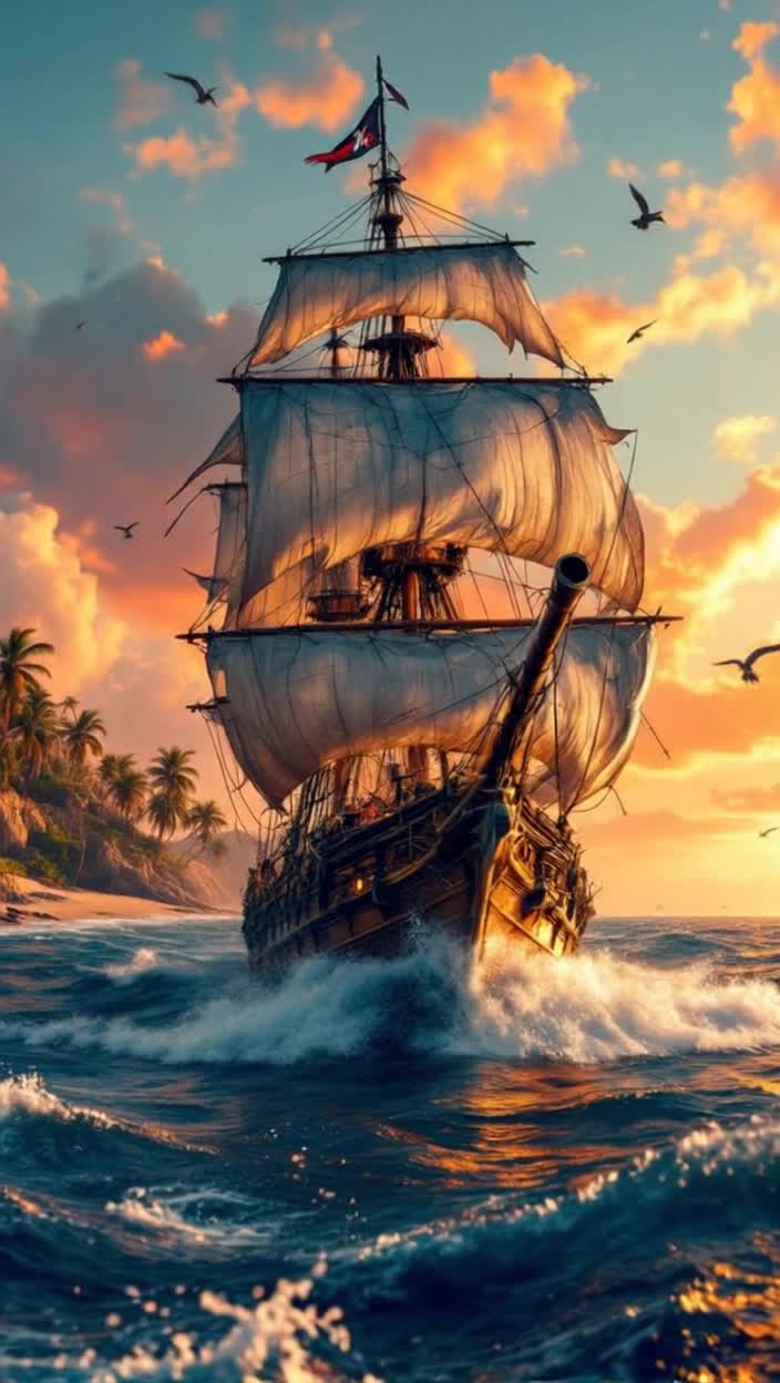 Majestic pirate ship schooner with tattered sails billows under a vibrant sunset sky sails fiercely across deep blue waves firing booming cannons unleashing plumes of smoke towards distant rocky shore adorned with palm trees and sandy beaches splashes of foam dance around the ship as seabirds circle overhead paints a thrilling scene of adventure and conquest