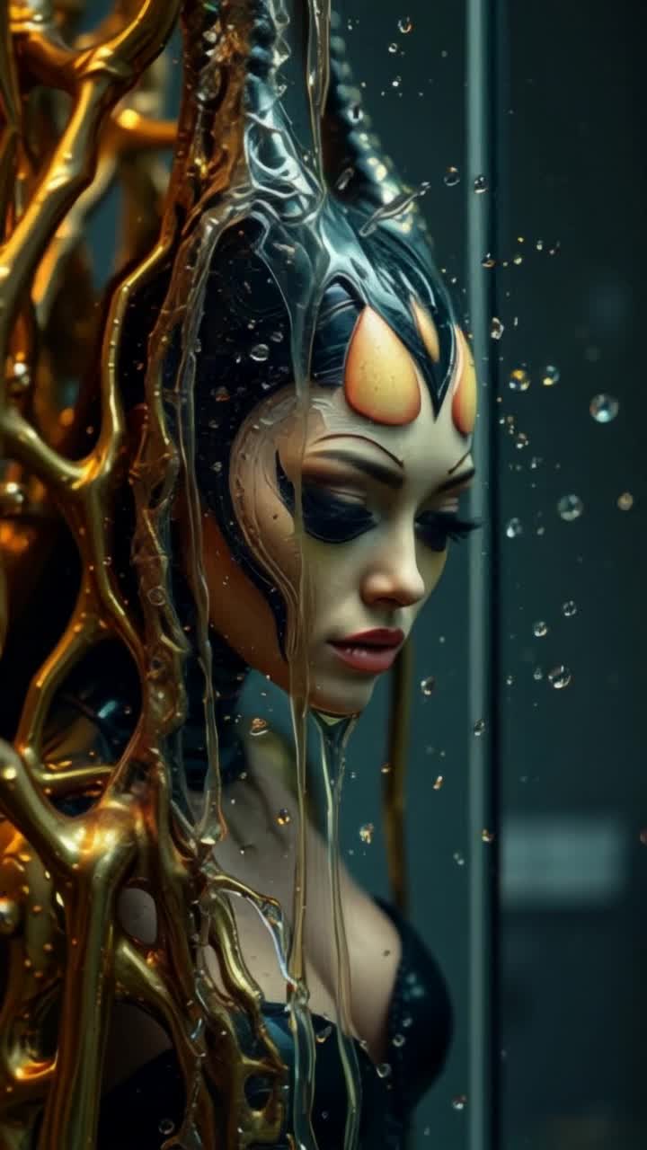 female alien goth smashes glass wall blasted with a stream liquid mercury against a warped gold plated labyrinth of resin droplets falling off the edge of middle earth, strange demon offspring escape like devil woman Martian metallic explosion