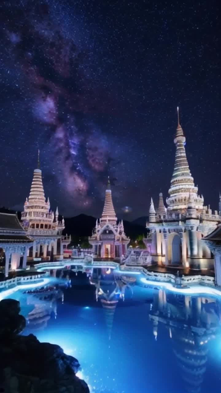 Five majestic palaces, each a fusion of ancient architecture and otherworldly design, shimmer beneath a starlit sky Towers spiral into the heavens, adorned with intricate carvings that glow with iridescent hues Glistening pools of liquid crystal ripple gently as ethereal beings glide gracefully through moonlit gardens Celestial lights dance across the horizon as organic structures seemingly grow from the earth, fusing nature with craftsmanship In the background, distant mountains loom, casting long shadows while a soft wind whispers through the ornate archways, echoing centuries of history and cosmic secrets