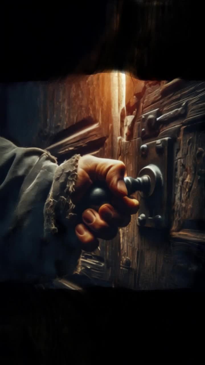 adegan membuka gagang pintu secara perlahan suasana horor dramatis sinematik