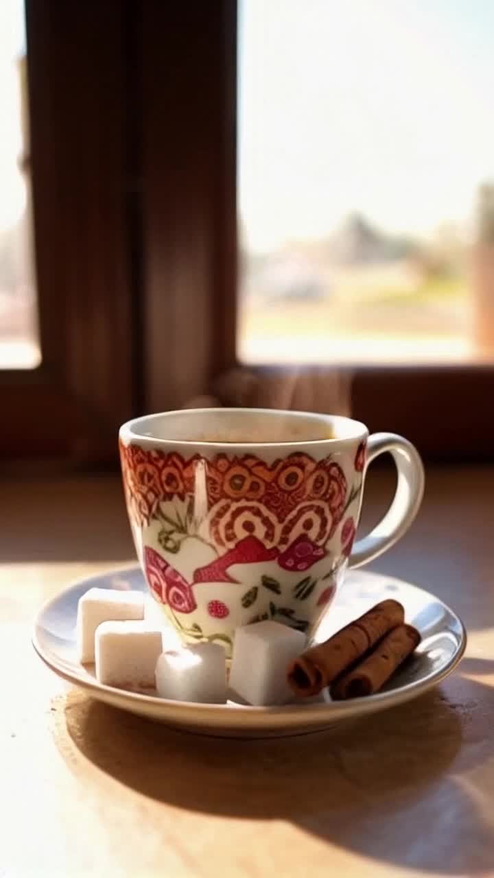 Whimsical coffee cup adorned with vibrant patterns twirls joyfully radiating pure delight splashing frothy espresso droplets against a sunny countertop surrounded by playful sugar cubes and cinnamon sticks while morning light filters through a nearby window casting warm glows and cheerful shadows creating an inviting cozy caf atmosphere bursting with energy