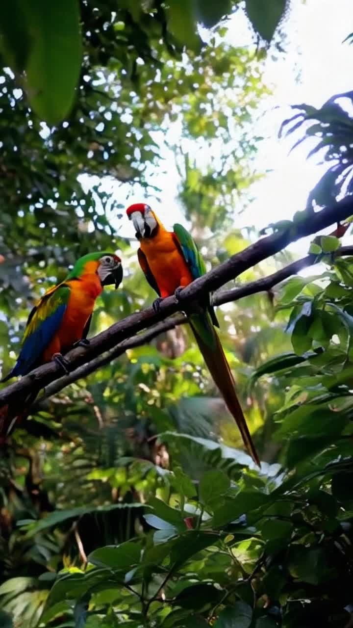 Colorful parrots perched on branches fluttering wings in a lush jungle vibrant with life Exotic creatures playfully interacting in their natural habitat Sunlight filtering through dense foliage creating dappled patterns on the forest floor Gentle rustle of leaves accompanied by distant animal calls creating an immersive symphony of nature