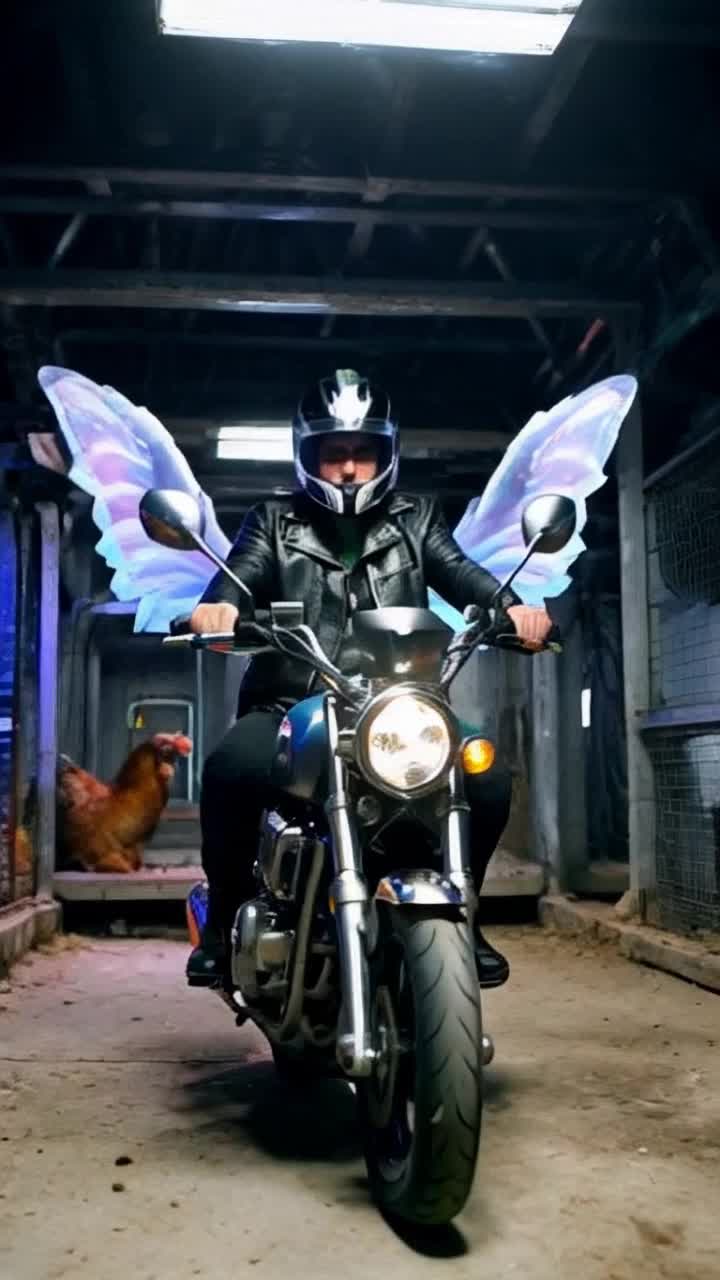  A futuristic Easter bunny with the face of Donald Trump, wearing a black leather jacket and helmet with a tinted visor, races through a dimly lit industrialstyle chicken coop on a sleek, aerodynamic motorcycle with an iridescent metallic sheen, neon accents and translucent wings, showing a mix of organic and synthetic elements The expression on the Easter bunnys face is a combination of determination and madness, as if fueled by a sense of innovation and adventure The scene is designed in a style that combines the biomechanical aesthetics of HR Giger, the futuristic industrialism of Sid Mead and the bright, neonlit cyberpunk atmosphere of Ash Thorpe,