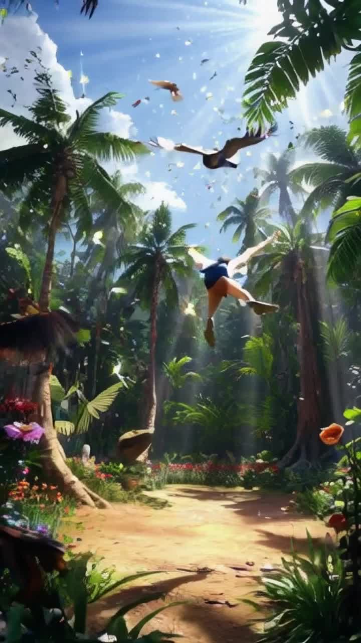 Vibrant jungle filled with lush greenery colorful flowers fluttering wildlife majestic birds soaring through the treetops courageous girl Ellie landing gracefully on a sun-drenched clearing radiating confidence shaking ground with joy uniting animals and plants in an exuberant celebration of triumph rhythm of beating drums echoing through the trees sunbeams piercing through canopy illuminating sparkling confetti swirling in the air laughter and roars creating harmony of nature’s spirit igniting inspiration adventurers spirit alive among beaming faces capturing essence of courage and adventure