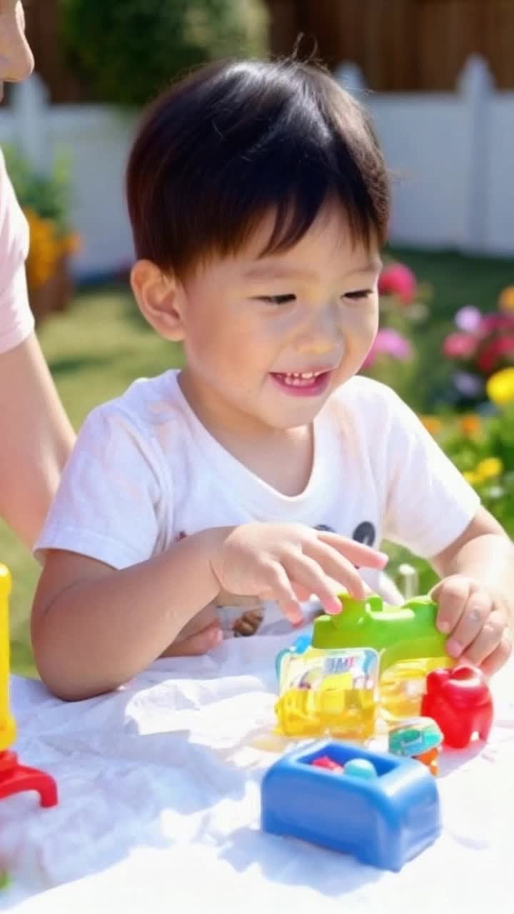 Curious little boy with bright eyes exploring fascinating new things full of energy joyful laughter with loving aunt by his side having fun bonding moments together surrounded by colorful toys in a sunny backyard vibrant flowers in bloom playful breeze dancing through the air warm sunlight streaming down creating a cheerful atmosphere of discovery and happiness