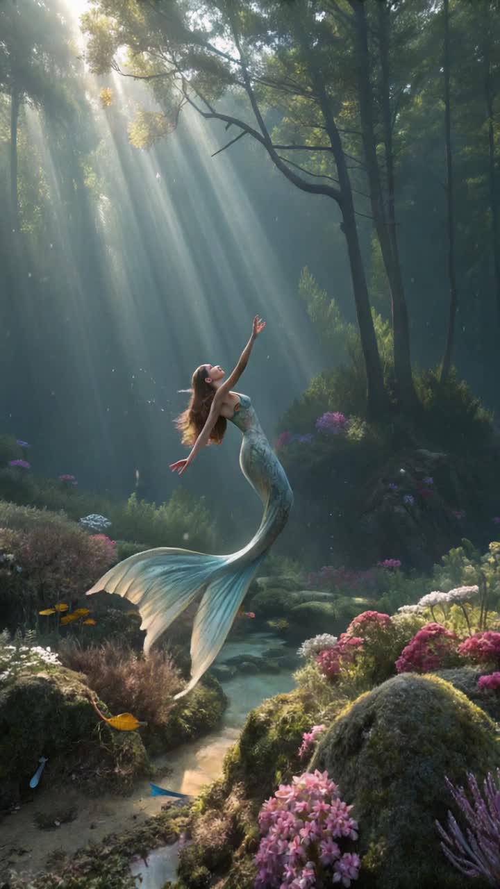 A mermaid with long fins dances in a forest field near a pond, surrounded by flowers and coral formations