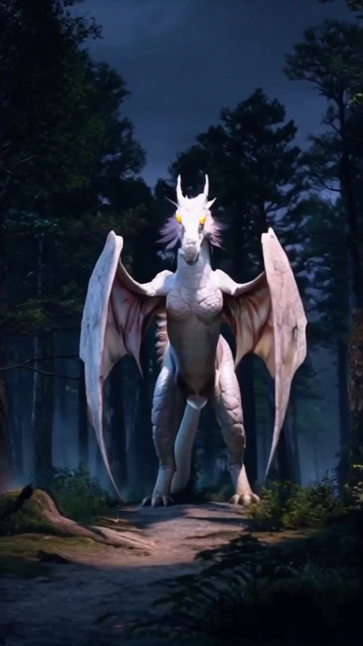 Majestic five hundred foot firebreathing dragon named Trash with pure white skin shimmering under twilight golden hues glowing fiercely from its fiery eyes graceful body resembling a female human adorned with powerful hands cascading mane like a horse a long sinuous dragon tail sweeping behind it descends from the sky landing softly before me moving its immense wings rhythmically with agility A dark lush green forest enveloped in shadowy mystery surrounds us evening sky deepening into night with whispers of wind in the leaves I stand twentyeight feet away captivated by its ethereal presence radiating wisdom and ancient power