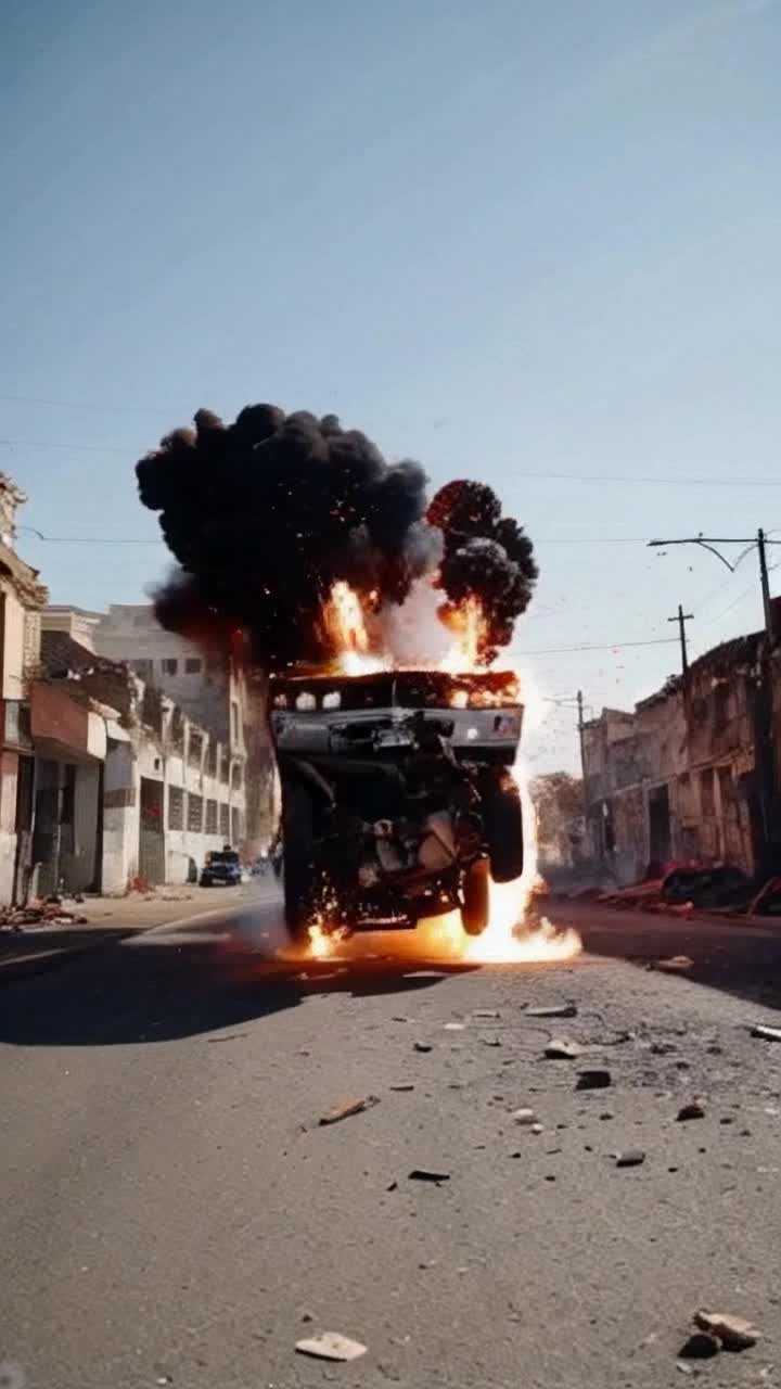 vintage muscle car gleaming under bright sunlight spirals into an intense explosion fiery debris scattering in every direction thick black smoke billowing into clear blue sky urban street lined with crumbling buildings echoing with shattering glass and distant sirens sparks flying as wreckage lands on asphalt creating an electrifying scene of chaos