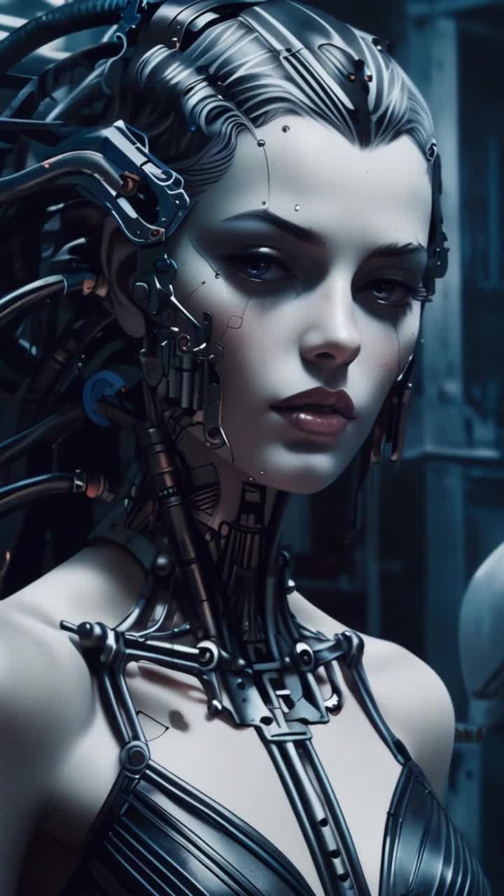 A pale, cybernetic woman begins to sing a sorrowful melody in a dark, steamfilled lab Her hollow eyes shimmer with grief Metallic seams line her incomplete face Her 1920s fingerwave hair glints under flickering cold lights, tucked beneath a sleek carbonfiber headdress Her sharp, chrome hands slowly reach into the airgesturing in pain, grasping as if mourning something lost Her elegant gown, glowing with embedded circuitry, ripples faintly as she sways Behind her, cryogenic tubes hum softly, casting eerie reflections through the mist The scene is somber, graceful, and haunting