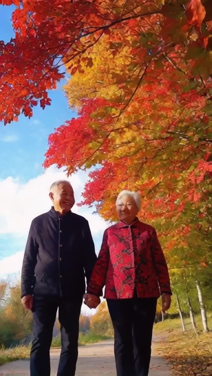 Smiling elderly couple holding hands radiating warmth and joy strolling through colorful autumn leaves bursting with vibrant reds and yellows under a clear blue sky with gentle sunlight filtering through branches creating a peaceful atmosphere