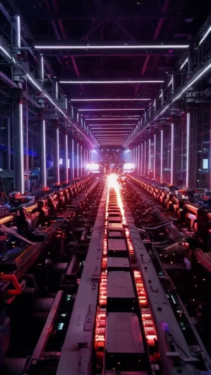 Sleek high-tech factory teeming with robotic arms gliding gracefully in synchrony constructing futuristic trippy devices Pulses of vivid sparks and swirling smoke enveloping the scene creating a surreal electrifying atmosphere Neon lights flickering overhead illuminating intricate machinery humming with energy
