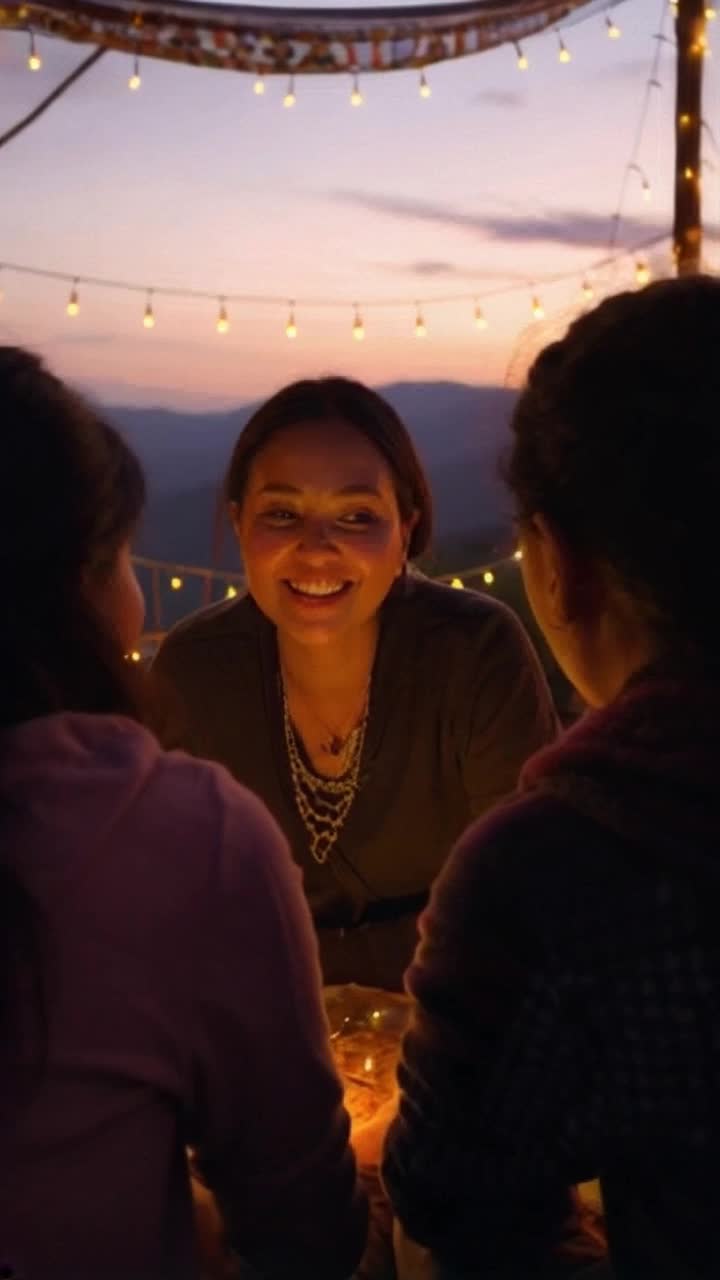 Traveler woman with a radiant smile sharing stories with new friends, laughter echoing around her, hearts connected, Action: weaving memories together as vibrant threads of friendship, Background: cozy gathering space filled with colorful tapestries, warm fairy lights twinkling overhead, rich scents of local cuisine drifting through the air, a backdrop of distant mountains under a sunset sky