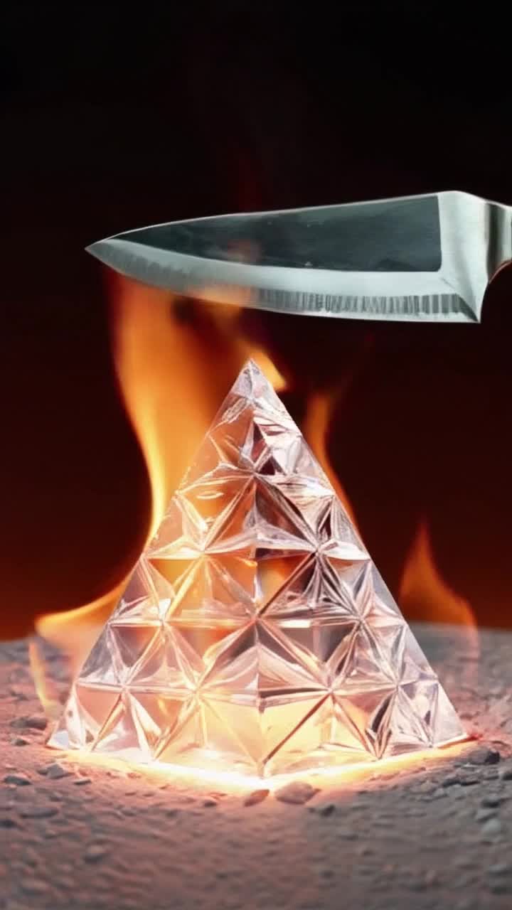 3D graphics, intricate virtual detailsSteel chefs knife quickly cuts through the surface of the crystal magic pyramid with its super blade The blade cuts through the pyramid like butter Hyperdetailed in surrealist style against a background of bright flames