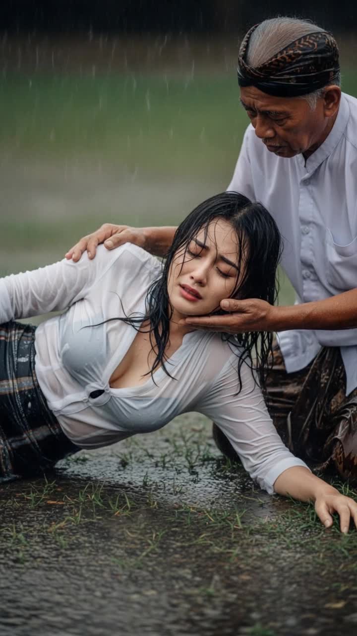 The rain is captured in motion, with raindrops visibly streaking down across the frame The womans wet hair clings to her face as she fights through her emotions The grandfathers hand, strong yet tender, contrasts with the womans fragile position The puddles reflect the chaos of the rainstorm, enhancing the dramatic intensity of the moment