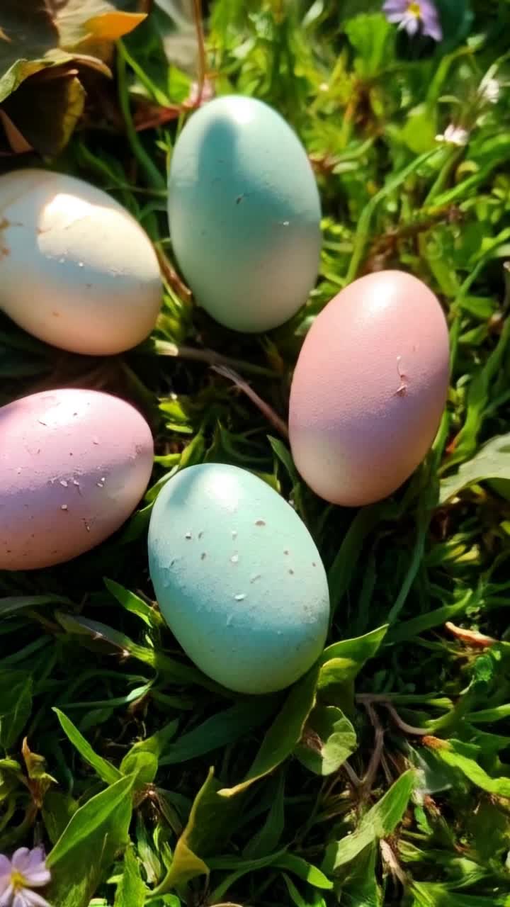 Vibrant pastel eggs scattered across lush green grass Tiny cracks appearing as two eggs burst open Fluffy baby bunnies emerging with soft white fur and twitching noses Surrounded by blooming wildflowers and bright sunlight filtering through leafy branches A gentle breeze rustles leaves creating a whimsical atmosphere of springtime joy