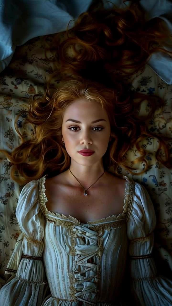 Radiant graceful Rapunzel nestled in plush golden silks gazing dreamily towards the window contemplating freedoms sweet embrace Her long cascading hair spills across the bed glimmering in soft sunlight A towering stone structure looms outside surrounded by lush green forests vibrant with color and alive with the sound of birds singing While distant mountains stand majestically against a clear blue sky shadows dance playfully as clouds drift lazily by creating a whimsical backdrop for her dreams of a world beyond the confines of her tower