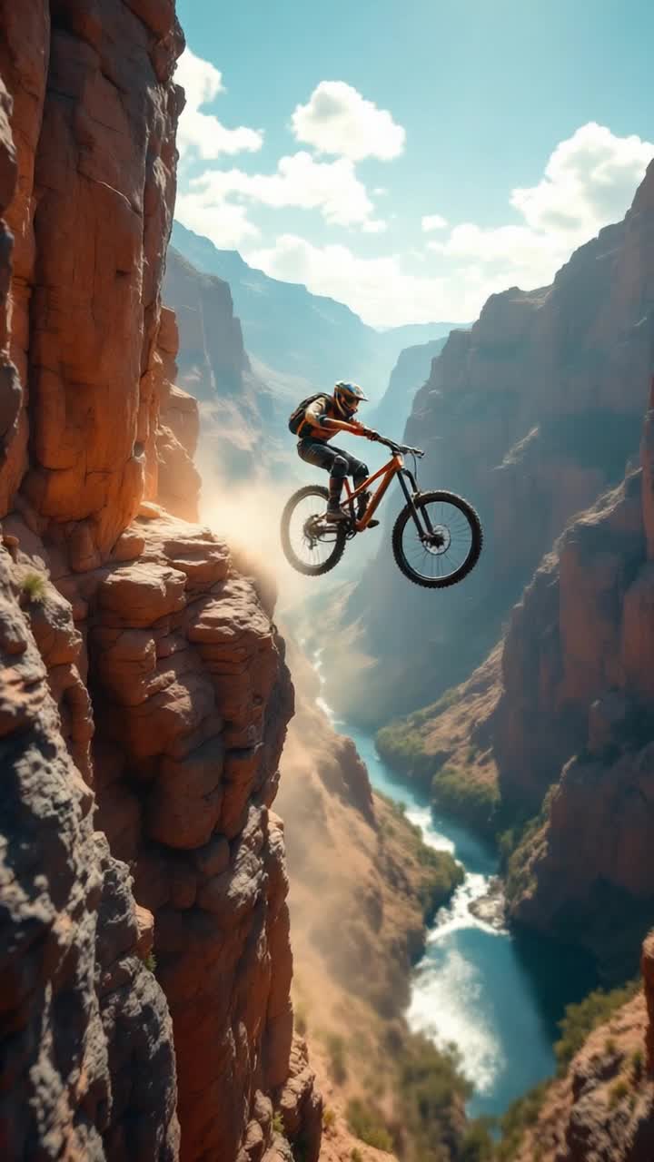 Mountain biker flying through air while jumping gorge, fast paced action, radical,  gnarly, fast, action,  insane 