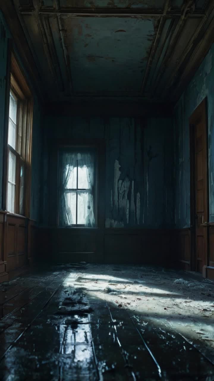 Damp corridor shrouded in shadows stretches through a longabandoned manor Walls adorned with peeling paint tell tales of forgotten times Floor groans and shifts beneath a spectral breeze Bluish mist rises from the end coiling like a ghostly serpent Cold frost creeps across warped floorboards curling around shattered windowpanes Unseen chill manifests into hauntingly elegant limbs every surface glimmering with frozen dew Atmosphere thick with pervasive dread echoes a history long buried Gothic architecture looms ominously in wintry stillness Light dances through cracks illuminating haunting details creating an epic cinematic experience