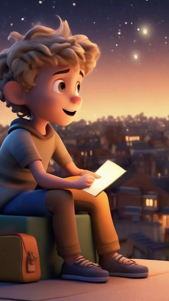 A heartwarming 3D Disneystyle cartoon illustration of an 8yearold boy named Jasper, sitting on a rooftop under the stars He has sandy blonde, slightly curly hair and hazel green eyes Hes wrapped in a blanket, sitting on a beanbag chair, gazing at the glowing night sky A flashlight and a notebook full of rocket sketches sit beside him The sky is filled with twinkling stars, a bright moon, and faint galaxiesArt style 3D DisneyPixarstyle cartoon, cinematic, dreamy, and magical