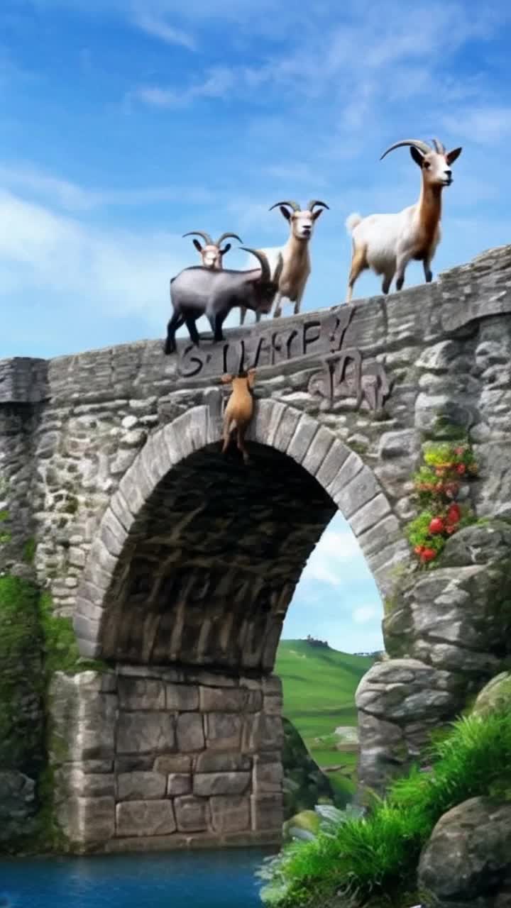 Animated and colorful, a troll gets knocked off an old stone bridge by a little billy goat as a family of billy goats stand cliffside in support, of their goat, one holds a sign on a stick saying we love you, 