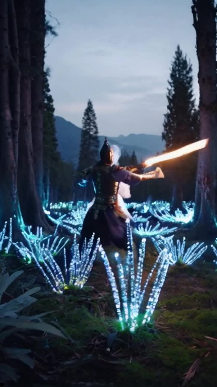 Warrior clad in ornate armor fiercely trains with ethereal angel glowing with radiant light mastering ancient kung fu energy techniques swinging a shimmering high-energy Kundalini sword through the air. Surrounded by a mystical forest with vibrant bioluminescent plants pulsating softly illuminating their intense movements while distant mountains loom majestically. Ethereal energy swirls around them echoing with ancient wisdom as soft winds carry whispers of forgotten legends creating a powerful atmosphere of mastery and transcendence
