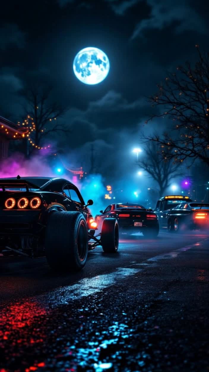 Halloween car show hotrods muscle cars goth gothic black and orange exhaust lights moonlight glowsticks neon chrome black and orange 