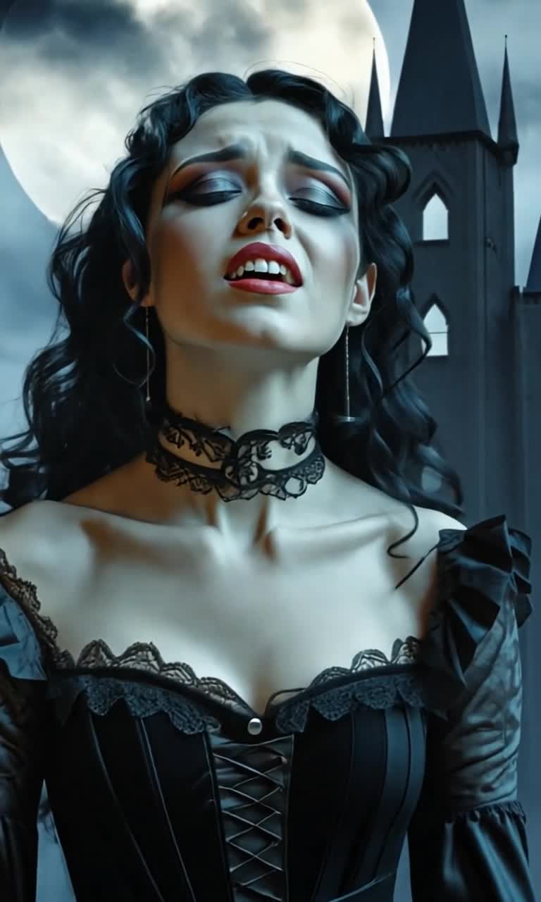 Woman with cascading black hair adorned in gothic attire pours her heart into a haunting melody Voice echoes powerfully like thunder resonating through a desolate forest Shadows dance around her as dark clouds swirl overhead Moonlight breaks through the branches illuminating her somber expression Eerie whispers carried by the wind enhance the atmosphere, creating an otherworldly vibe Mist rolls in from hidden depths, cloaking the scene in mystery Spectacular gothic architecture looms in the background, towering spires piercing the night sky Enchanting yet mournful energy envelops every note as she captivates unseen spirits