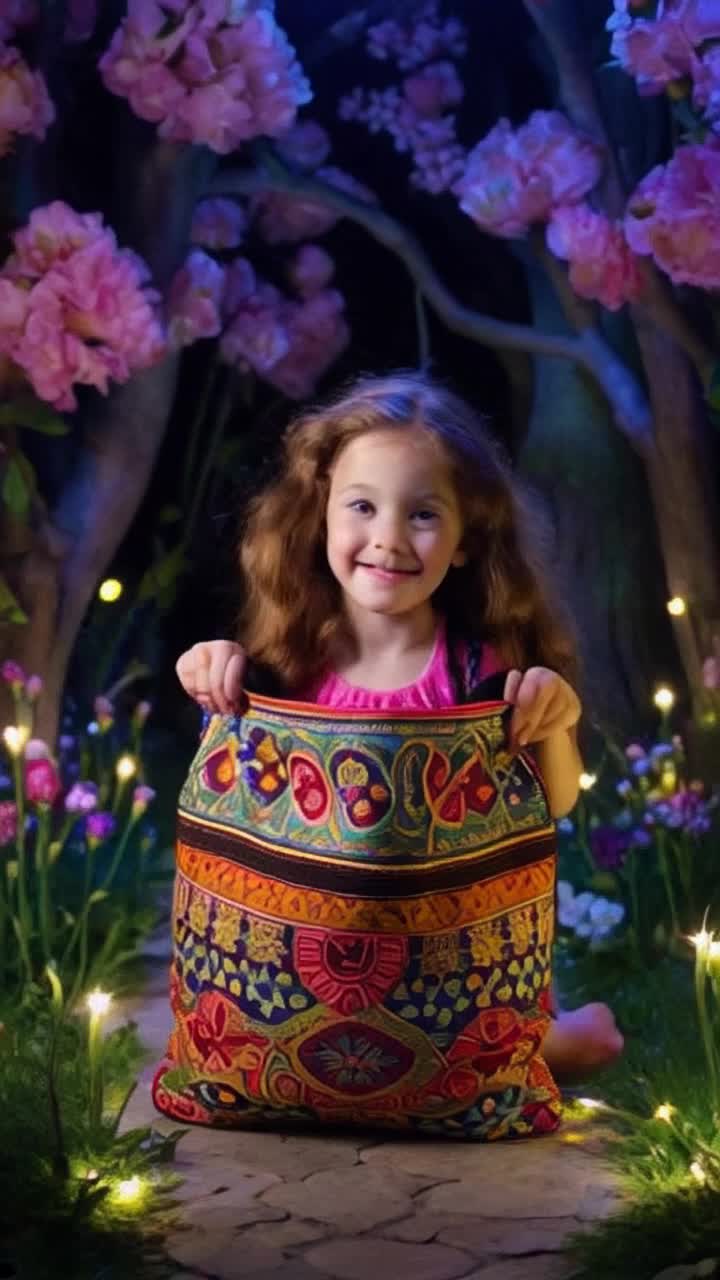 Kangaroo A whimsical girl with vibrant, flowing hair peeks playfully out of a colorful pouch adorned with intricate patterns Her eyes sparkle with mischief as she gently bounces up and down with delight Surrounded by a fantastical forest of oversized flowers and twinkling lights casting a magical glow creating an enchanting atmosphere that invites curiosity and wonder