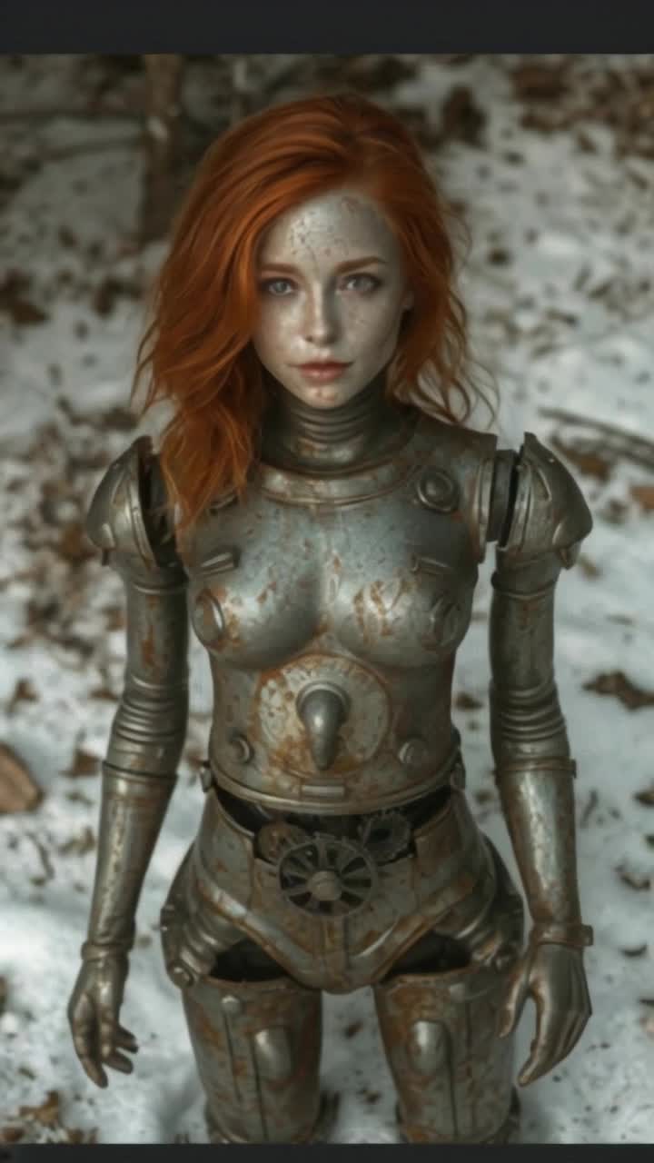 beautiful red head woman stanfs rusted as the tin man, a worn partial smile pained across her face, her cogs gears and metal body falls onto the ground as she stands frozen in a fancy unable to move