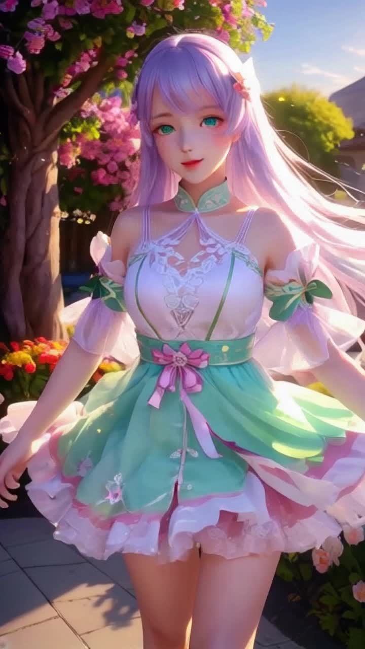 Vibrant anime girl with flowing lavender hair and sparkling emerald eyes twirling gracefully in a whimsical garden filled with colorful flowers and fluttering butterflies surrounded by golden rays of sunlight illuminating her delicate features and enhancing her enchanting outfit adorned with intricate patterns and ribbons