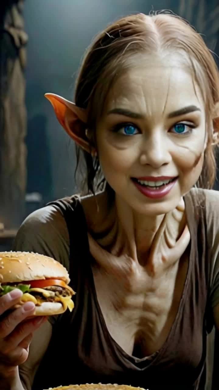 Female Gollum with long tangled hair and glistening eyes savors a dripping cheeseburger cradled in her bony hands Devouring with ravenous intensity she hungrily bites through melted cheese and crispy lettuce Shadows dance around her emaciated form illuminating jagged rock walls of a damp mysterious cave Flickering torchlight casts eerie reflections highlighting ancient graffiti etched into stone Stalactites hang ominously from the ceiling as dampness permeates the air, creating a sense of primal tension in this hidden lair Each crunch echoes in the silence, hinting at longforgotten secrets lurking deep within the caves dark recesses