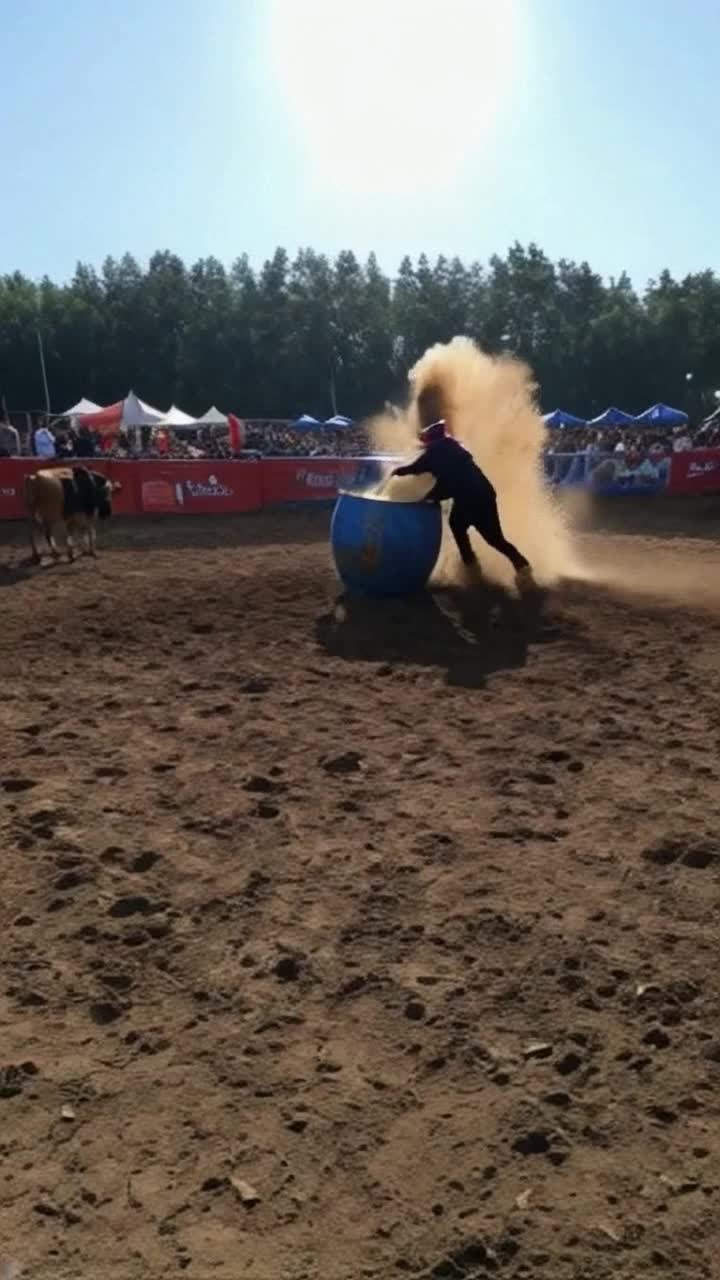 Rodeo clowns run away from a bull, one clown jumps into a barrel and gets knocked into space, hitting the sun