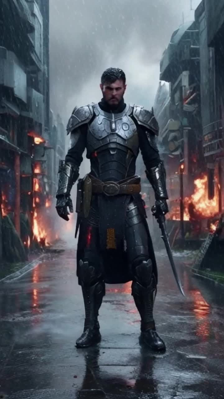 A biomechanical samurai from the future, 4k, rain, neoTokyo burns in the background 