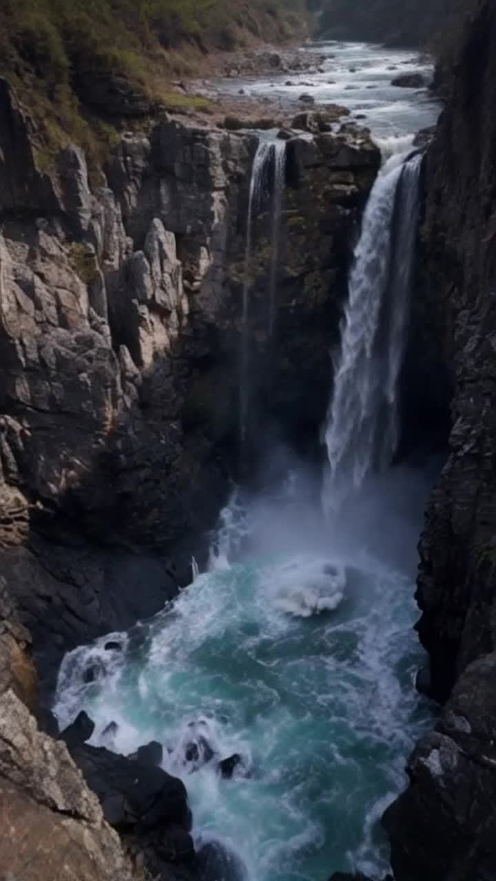 Mysterious objects tumbling from jagged cliff edge swirling shapes cloaked in mist sending ripples across frothing water below Shadows dancing on rocky surfaces unveiling ancient carvings etched deep into stone whispering secrets of a forgotten past Sudden rumble shaking ground echoing thunderous roar waterfall cascading with fierce intensity as if awakening guardians of hidden secrets beneath churning surface
