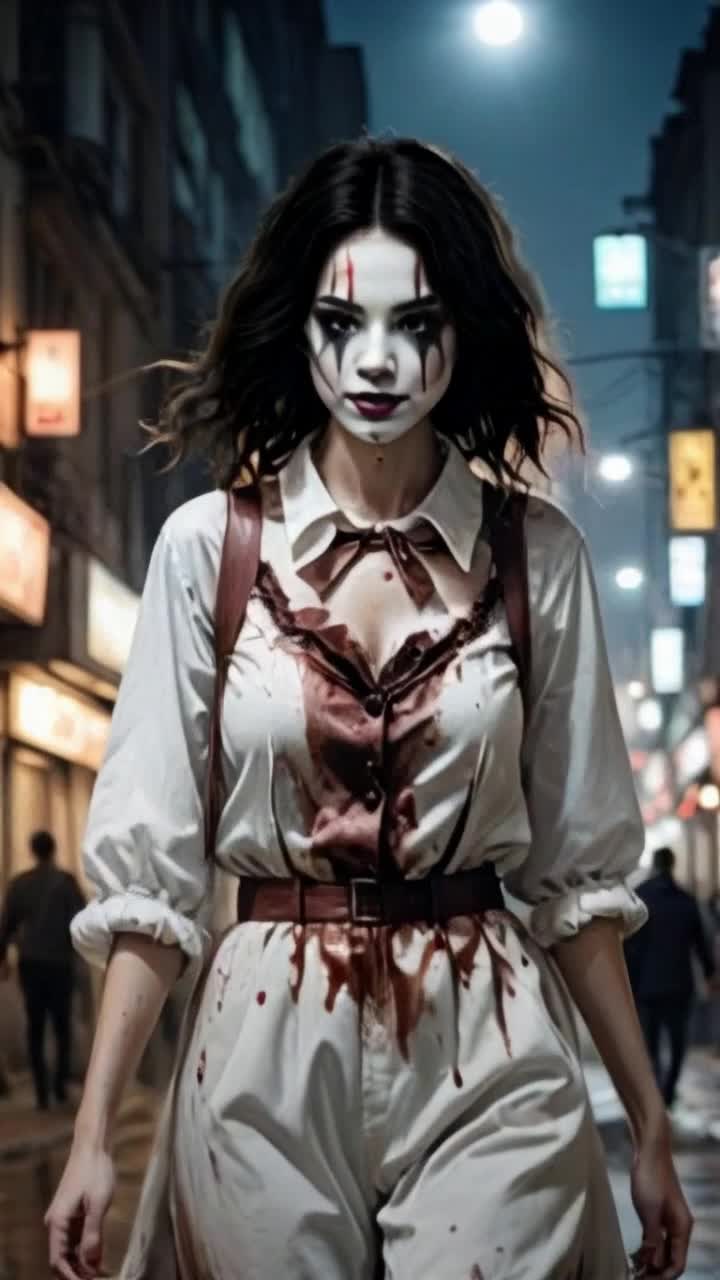 Elegant gothic clown gliding gracefully through bustling city streets vibrant with eclectic architecture swirling with shades of black and deep red twinkling lights reflecting off glistening pavement captivating onlookers with whimsical yet eerie charm flourishes of paint adorning porcelain face shadows dancing in twilight as laughter echoes from nearby cafes enchanting atmosphere filled with soft whispers and clinking glasses mysterious aura surrounding each step inviting curiosity from passersby drawn into this surreal spectacle