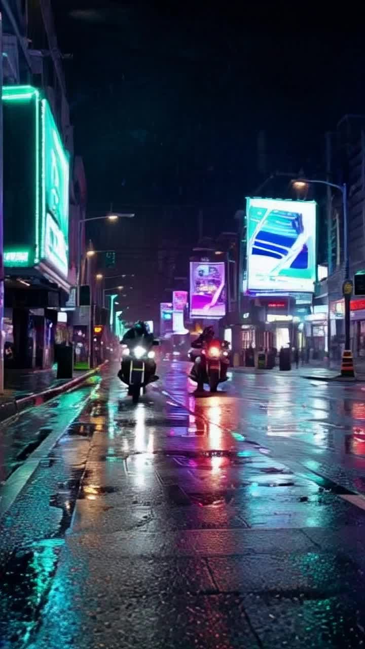 Futuristic street racer's faces illuminated by neon lights two sleek motorcycles hugging asphalt drivers wearing visors reflecting vibrant colors tearing through pulsating city streets electrifying chaos swirling shadows of towering holographic advertisements flickering overhead rain-soaked pavement reflecting a kaleidoscope of colors heart-pounding synthwave music thumping in the background as they embrace adrenaline soaring toward a destination obscured by mist shimmering with possibilities