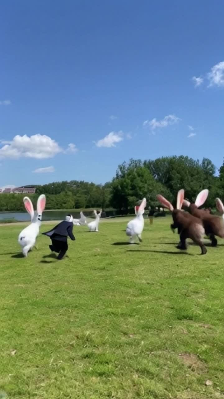 Bugs bunny in a human suit running around being chased by a group giant size female rabbits 